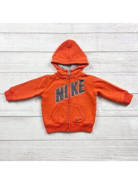 Nike Orange Fleece Lined Full Zip Hoodie Logo Lettering Pockets 9-12 Months